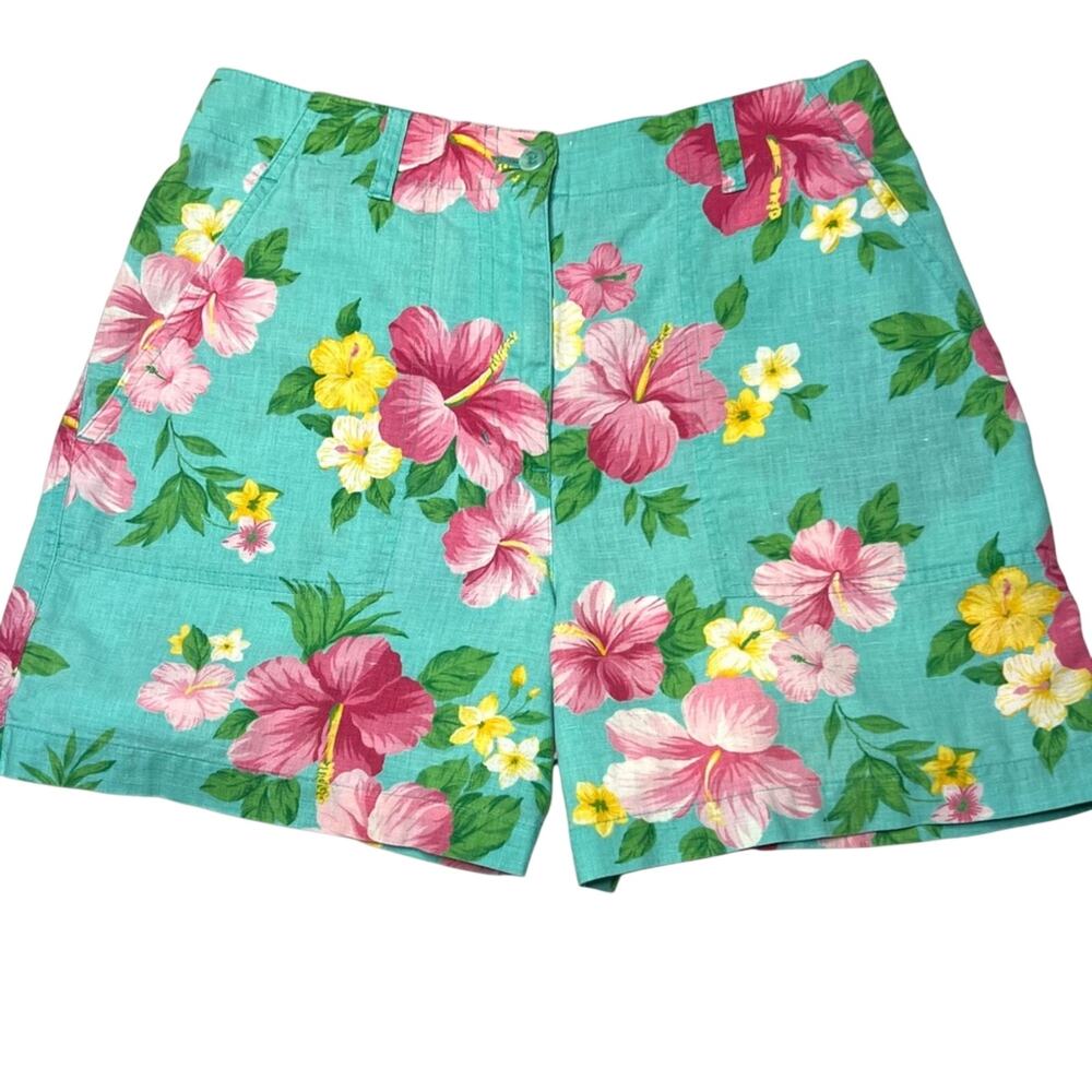 Jones New York Linen Shorts Womens 4 Turquoise Pink Hibiscus High Waisted Resort